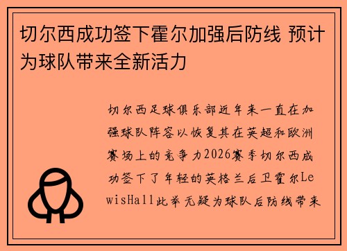 切尔西成功签下霍尔加强后防线 预计为球队带来全新活力
